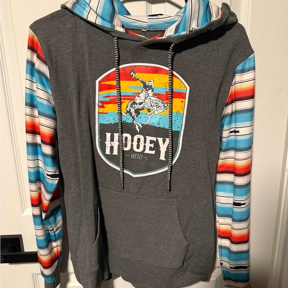 Hooey Charcoal Hoodie with Vibrant Striped Sleeves